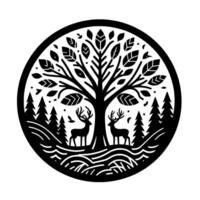 Silhouette of a majestic tree with deer, surrounded by forest, within a circular frame. The minimalist evokes natures serenity. vector