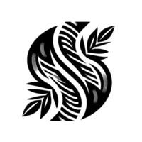 Symmetrical Black and White Abstract with Leaves and Striped Shapes, Isolated on a White Background. vector