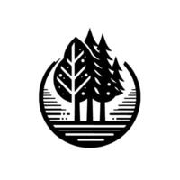 Stylized monochrome circular emblem depicting three trees, two evergreens, and one with dotted leaf details, encircled by horizontal lines. vector