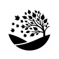 Black and White Minimalist of a Tree on a Rolling Hill, Leaves Blowing in the Wind Inside a Circular Frame vector