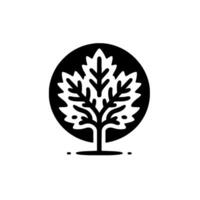 Minimalist monochrome illustration of a stylized tree with leaves contained within a black circle against a white backdrop, embodying nature. vector