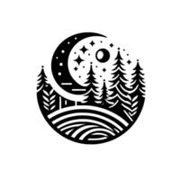 Black and white minimalist emblem featuring a crescent moon, stars, trees, and a landscape within a circular frame. vector