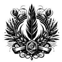 Intricate Black and White Emblem Featuring a Central Feather, Floral Embellishments, and Scroll Elements. vector