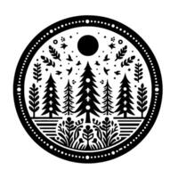 Intricate circular blackandwhite illustration of a stylized forest scene with trees, foliage, birds, and a sun, within a dotted border. vector