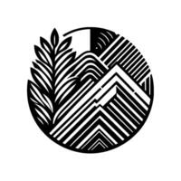 Abstract black and white circular featuring stylized mountains, geometric lines, and a leafy branch, evoking minimalist nature. vector