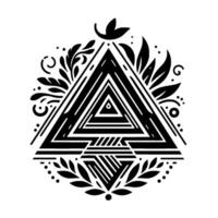 Geometric Black and White Illustration of Nested Triangles with Floral and Dot Embellishments, Creates Sacred Geometry Symbol. vector