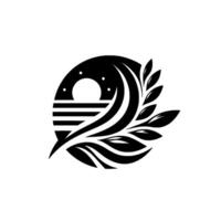 A stylized black and white , showcasing a celestial orb, waves, and leafy elements, set against a white background. vector