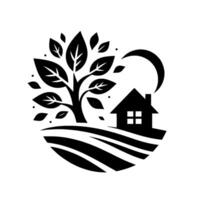 Black and White Emblem of Natures Embrace House nestled in a field, embraced by a tree and crescent moon, representing peace. vector