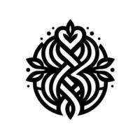 Intricate Black and White Organic Emblem Heart and Foliage within a Circular, Intertwined . vector