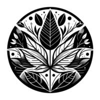 Intricate Black and White Botanical Mandala Symmetrical Leaf Floral within a Circular Frame, Ornamental and Decorative. vector