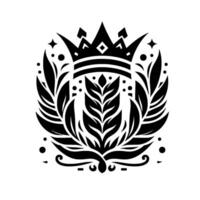 Elegant Black and White Crest Featuring a Crown, Laurel Wreaths, and Leafy Center Motif with Decorative Accents. vector