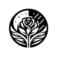 Elegant Monochrome Floral Emblem Geometric Rose Set within a Circular Frame, Featuring a Contrast of Light and Shadow, with Star Elements. vector