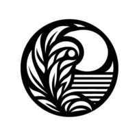 Minimalist YinYang Inspired Artwork Black and White Circle with Abstract Foliage, Moon, and Striped Water or Horizon Elements. vector