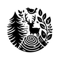 Black and White Circular Illustration Deer, Bird, Pine Tree, and Foliage in a Forest Scene. vector