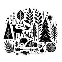Stylized black and white nature illustration arranged in a circular composition with deer, birds, trees, foliage, and abstract woodland elements. vector
