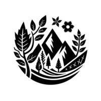 Black and White Circular Nature with Mountains, Trees, and Foliage, Representing Adventure and Outdoors. vector