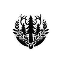 Minimalist Black White Forest Emblem Pine Trees, Antlers, and Laurel Wreath in a Circular . vector