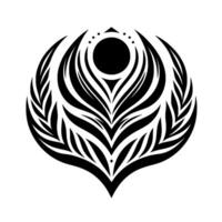 Symmetrical Black and White Feathered Emblem with a Central Dot and LeafLike , on a Clean White Background. vector