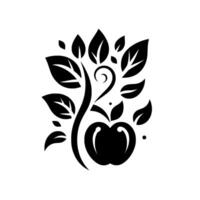 Stylized Black and White Illustration of an Apple Tree Featuring an Apple, Leaves, and a Decorative Swirl against a White Background. vector