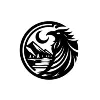 Silhouette Emblem Majestic Eagle with Mountains, River Moon within a Circular Frame, in a clean Black White Style. vector