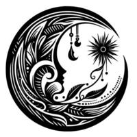 Ornate black and white circular depicting a crescent moon, floral patterns, a sunburst, and a womans profile, evoking celestial and natural themes. vector