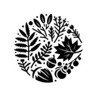 Black White Circular Botanical Composition featuring Leaves, Acorns, Berries, and Branches, in a Minimalist Style vector