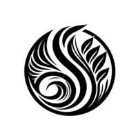 Intricate black and white circular featuring stylized leaves, swirls, and curving lines, creating a balanced symmetrical artwork. vector