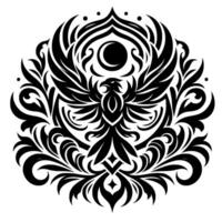 Black and white stylized illustration of a phoenix with outstretched wings, encircled by decorative symmetrical floral and geometric patterns, and a crescent moon. vector