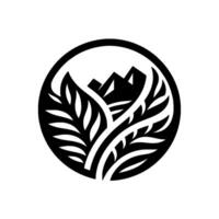 A minimalist circular emblem featuring stylized mountains emerging behind symmetrical leafy branches rendered in bold black and white. vector