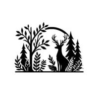 Silhouette of a majestic stag in a serene woodland scene, framed by trees and foliage, a minimalist . vector
