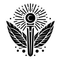 Stylized black and white art piece features a central crescent moon over a pillar, surrounded by radiant lines and feathery elements. vector