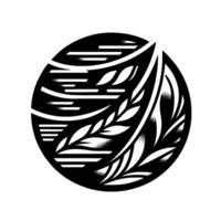 Black and white abstract circular with stylized leaves, horizontal lines, and a gradient effect, symbolizing nature. vector