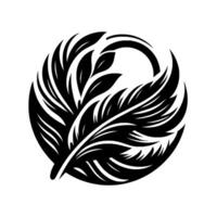 Black and White Feather and Leaf Within a Circle Abstract, Symbolic Composition with a Minimalist Aesthetic. vector