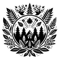 Stylized Black and White Forest Crest with Deer Antlers, Birds, House, Trees, Arrows, Leaves, and Maple Leaf Within a Circular Frame . vector
