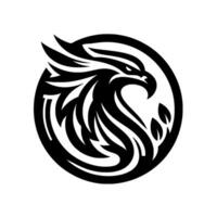 Stylized Black Eagle Head in a Circle with Leaf Elements, Modern Emblem on White Background. vector