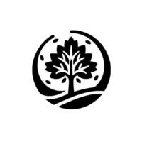 Stylized black tree within a circular frame, surrounded by abstract elements, set against a pristine white backdrop, evoking a sense of modern simplicity. vector
