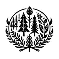 Monochrome stylized nature illustration Forest scene within a circular border, featuring trees, foliage, and a bird on a branch, all in bold black against white. vector