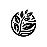Black and white circular of a stylized tree with leaves, encompassed within a circle. vector