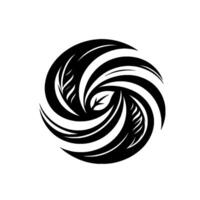 Circular, symmetrical, black and white with leaf and stylized foliage elements swirling around a central leaf shape, on a white background. vector