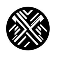 Bold Black and White Geometric within a Circle, Featuring Interlocking Lines and Arrows, Abstract Pattern. vector
