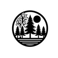 Silhouette of a Forest Scene in a Circular Frame Trees, Sun, and Foliage in a Minimalist . vector