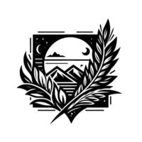 Monochromatic illustration of a mountain landscape within a framed square and a stylized leaflike branch surrounding it, featuring moon and stars. vector