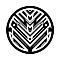 Bold, symmetrical, black and white circular featuring a complex geometric pattern with sharp lines and angular shapes. vector