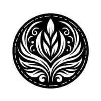 Intricate Black and White Circular Botanical Mandala, Featuring Stylized Leaves and Floral Elements within a Dotted Border on White Background. vector