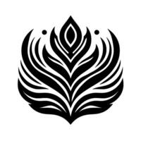 Symmetrical, Stylized Black and White Floral with LeafLike Petals, and Pointed Top, Isolated on White. vector