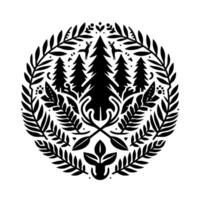 Ornate Black and White Circular Forest Scene with Deer, Fir Trees, and Botanical Elements, Featuring a Decorative Frame. vector