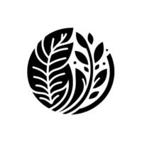 Elegant black and white botanical featuring stylized leaves and sprigs arranged within a circular frame. vector