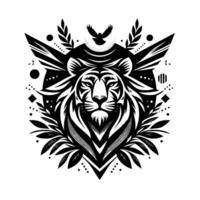 Majestic Black White Tiger Head Crest, with Geometric Shapes, Bird, and Foliage, in Striking Minimalist vector