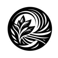 Black and white stylized floral , enclosed within a circular frame, showcasing elegant leaf arrangements and flowing lines. vector