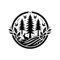 A minimalistic, circular black and white emblem of a forest scene featuring three pine trees, a resting rabbit, and decorative foliage. vector